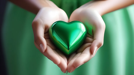 Green glossy heart in hands. High quality photoの素材