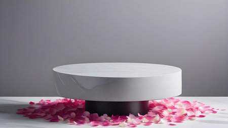 White podium, display for product presentation on a pink background with rose petals. High quality photoの素材