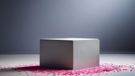 White podium, display for product presentation on a pink background with rose petals. High quality photoの素材