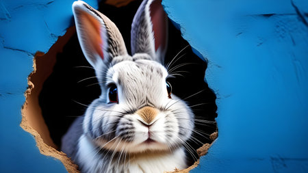 The rabbit gnawed a hole in the wall, a rabbit hole. Blue background for Easter. High quality photoの素材