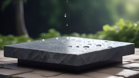 Pedestal, display made of gray stone for the presentation of products on a water background. High quality photoの素材