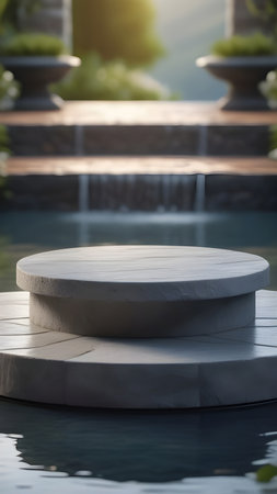 Pedestal, display made of gray stone for the presentation of products on a water background. High quality photoの素材