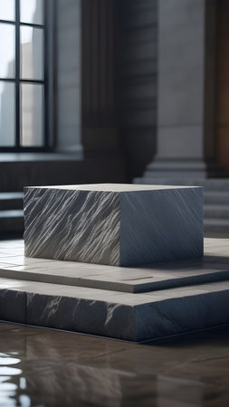 Pedestal, display made of gray stone for the presentation of products on a water background. High quality photoの素材