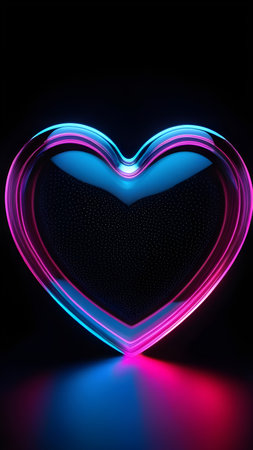 Glass heart in neon light on a black background. High quality photoの素材