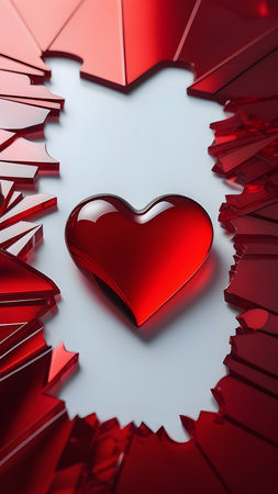 Shards of glass next to a red heart. High quality photoの素材