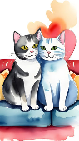 Watercolor drawing of cats in love. High quality photoの素材