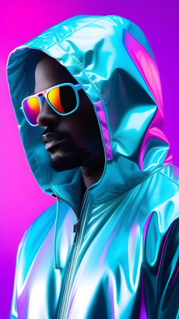 African American man wearing a halographic neon jacket with a hood. High quality photoの素材