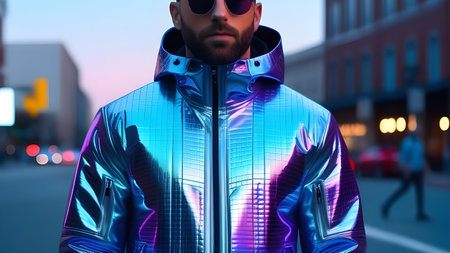 A man stands with his back in a halographic neon jacket. High quality photoの素材