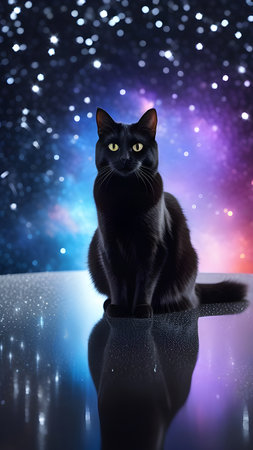 Black cat on a background of halographic sparkles. High quality photoの素材