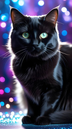 Black cat on a background of halographic sparkles. High quality photoの素材