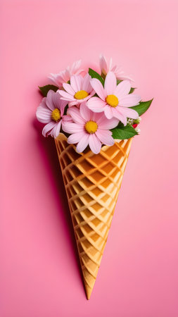 Flowers in an ice cream waffle cone on a pink background with space for text. High quality photoの素材