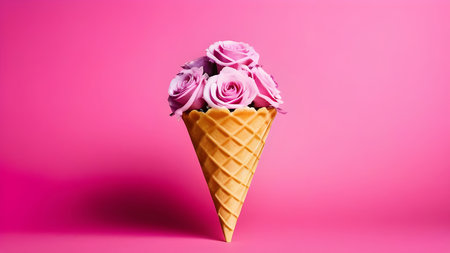 Flowers in an ice cream waffle cone on a pink background with space for text. High quality photoの素材