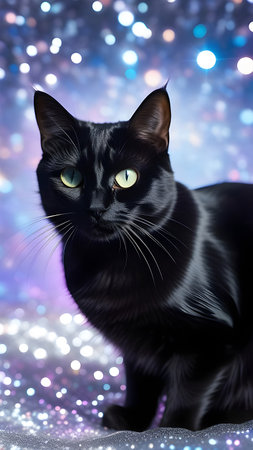 Black cat on a background of halographic sparkles. High quality photoの素材