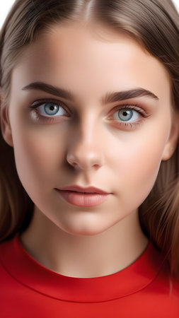 Portrait of a girl with brown hair in a red T-shirt. High quality photoの素材