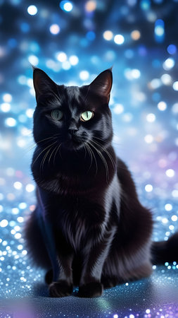 Black cat on a background of halographic sparkles. High quality photoの素材