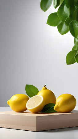 Lemons on a platform on a white background. High quality photoの素材