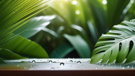 Wooden platform, display for presentation of products, cosmetics on a background of green tropical leaves. High quality photoの素材