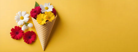 Bouquet of flowers in a waffle cone on a yellow background with space for text. High quality photoの素材