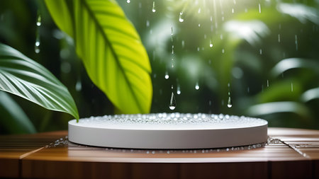 White platform, display for presentation of products, cosmetics on a background of green tropical leaves. High quality photoの素材
