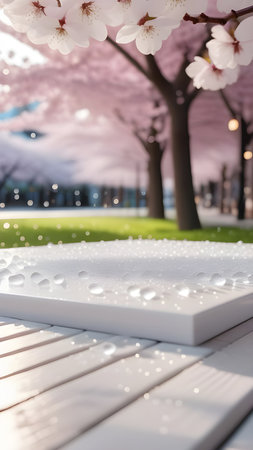 Platform, display for product presentation against the background of cherry blossoms. High quality photoの素材