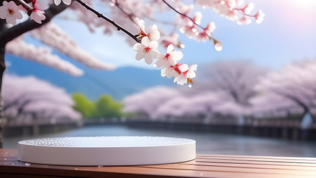 Platform, display for product presentation against the background of cherry blossoms. High quality photoの素材
