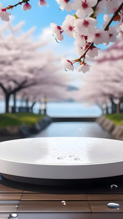 Platform, display for product presentation against the background of cherry blossoms. High quality photoの素材