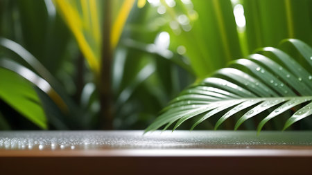 White platform, display for presentation of products, cosmetics on a background of green tropical leaves. High quality photoの素材