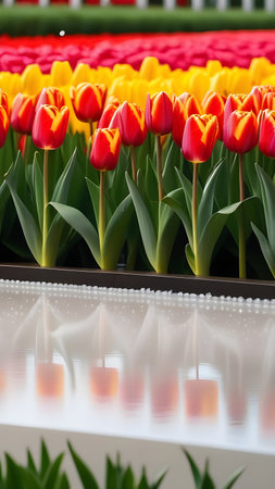 Platform, display for product presentation against the backdrop of growing tulips. High quality photoの素材