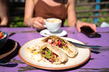Pita with vegetables, mung bean sprouts and tofu cheese. Vegetarian food. High quality photoの写真素材