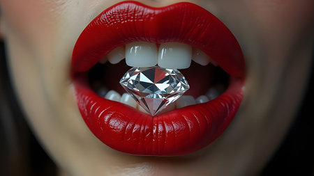 Female red lips holding a diamond, crystal in her teeth. High quality photoの素材