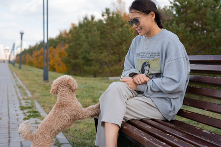 A young Asian woman sits on a bench and feeds snacks to her pet toy poodle. High quality photoの写真素材