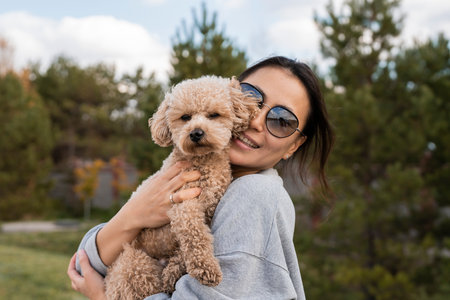 A young Asian woman holds her pet, a toy poodle, in her arms. Autumn walk. High quality photoの写真素材