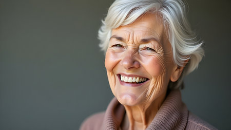 Portrait of an elderly woman with gray hair and a beautiful smile. High quality photoの素材