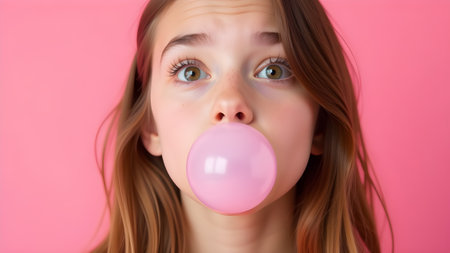 Bubble from chewing gum. Teenage girl on pink background. High quality photoの素材