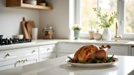 Empty wooden kitchen table for presentation, with a roasted Christmas goose on the edge of the table. High quality photoの素材