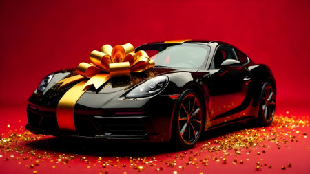 Black car with a gold gift bow on top on a red background. Car as a gift.の素材