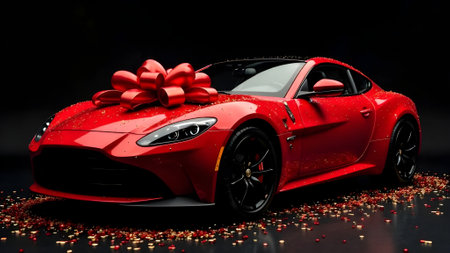 Red car with a red gift bow on top on a black background. High quality photoの素材