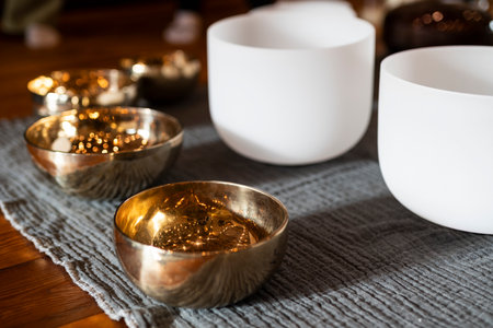 Singing and quartz crystal bowls. High quality photoの写真素材