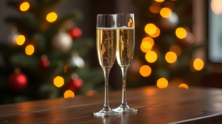 pair of champagne glasses and sparkler, Christmas tree ornament as the backgroundの素材