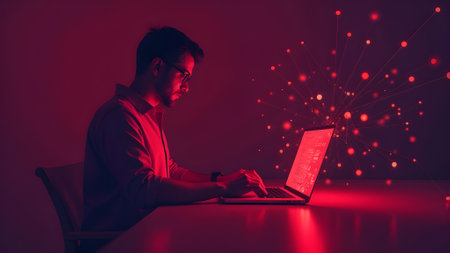 Hacker, data cracker works at a laptop.の素材
