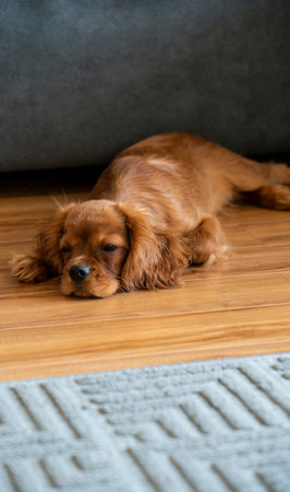 Cavalier King Charles puppy at home near the sofa.の写真素材