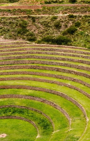 The circular terraces could have been an agricultural experimental station of the Incas  Each level has its own micro climate, where wind and sun create a temperature difference of 15°C  27 °F  between the top and the bottom level の写真素材
