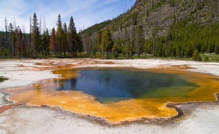The colorful Emerald Pool is one of the main attractions of the Black Sand Basin of the Yellowstone National Park, Wyoming, USAの写真素材