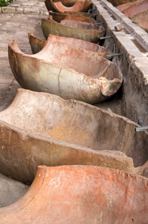 The open air laundry  lavanderia  in Santa Catalina Monastery, Arequipa, Peru  An irrigation duct delivers water to troughs made of split amphorae  の写真素材