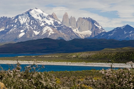 The Three Towers of Paine seen from lake Sarmiento, Torres del Paine National Park a UNESCO Biosphere Reserve in Patagonia, Chileの写真素材