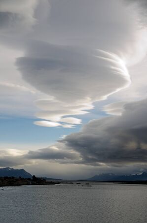 Lenticular cloud over Puerto Natales, Patagonia, Chileの写真素材