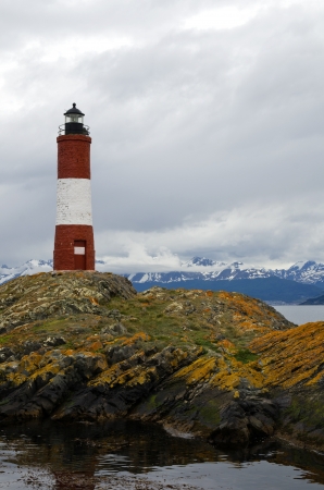 Les Eclaireurs Lighthouse on a small islet, 5 nautical miles east of Ushuaia in the Beagle Channel, Tierra del Fuego, southern Patagonia, Argentinaの写真素材