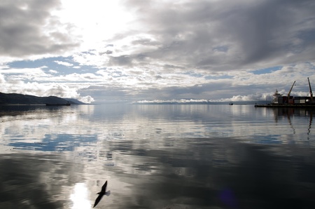 View over the Ushuaia Bay into the Beagle Channel, Tierra Del Fuego, Patagonia, Argentinaの写真素材