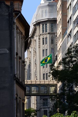 One of the few Brazilian flags on display in Sao Paulo a week before the start of the FIFA Worldcup 2014の写真素材