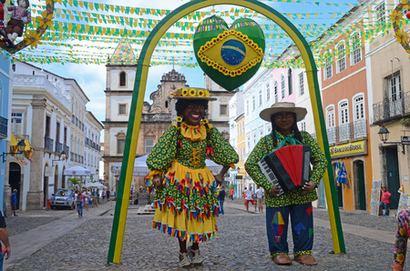 FIFA World Cup 2014  Beautifully decorated streets in the Pelourinho the historic center of Salvador Bahia State Brazil. A UNESCO World Heritage siteのeditorial素材